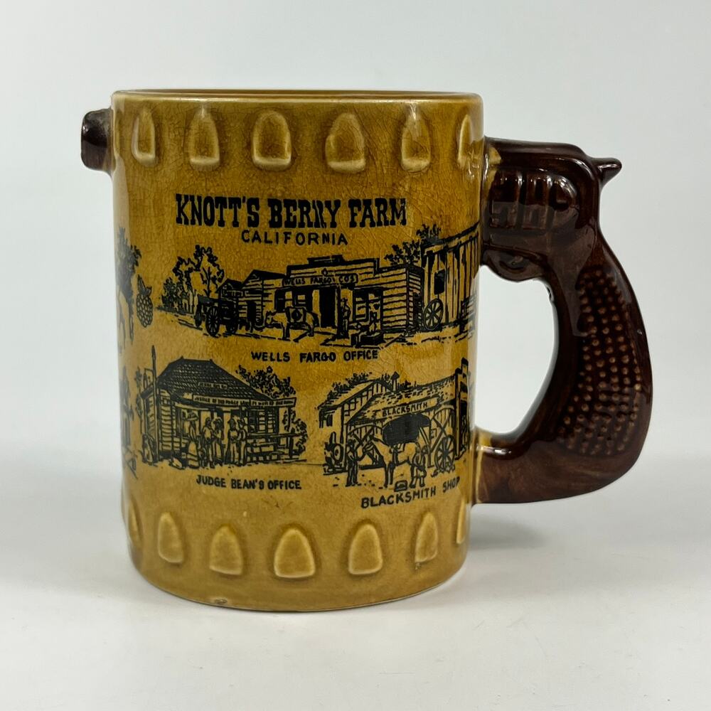 Knotts Berry Farm Souvenir Mug Beer Coffee Glazed Cup California Gun Handle 80s